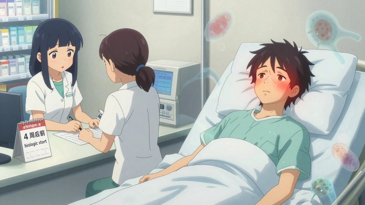 A patient receives a shingles vaccine before starting biologic therapy, contrasted with a later hospital scene showing infection symptoms.