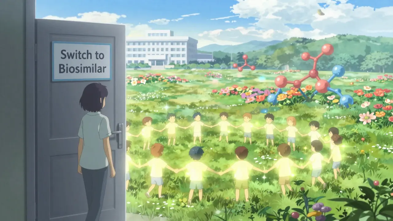 A patient walks into a meadow where glowing figures hold hands, symbolizing global biosimilar success.