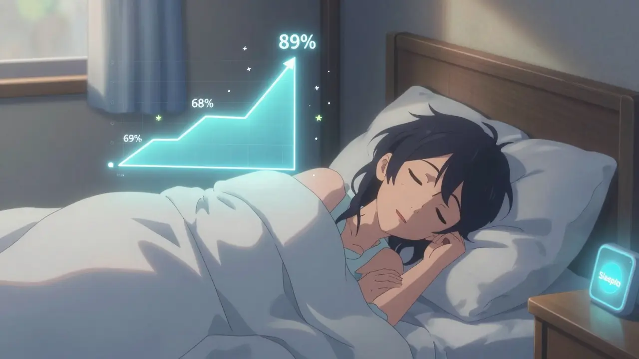 A person sleeping peacefully as a glowing graph shows improved sleep efficiency, morning light filling the room.
