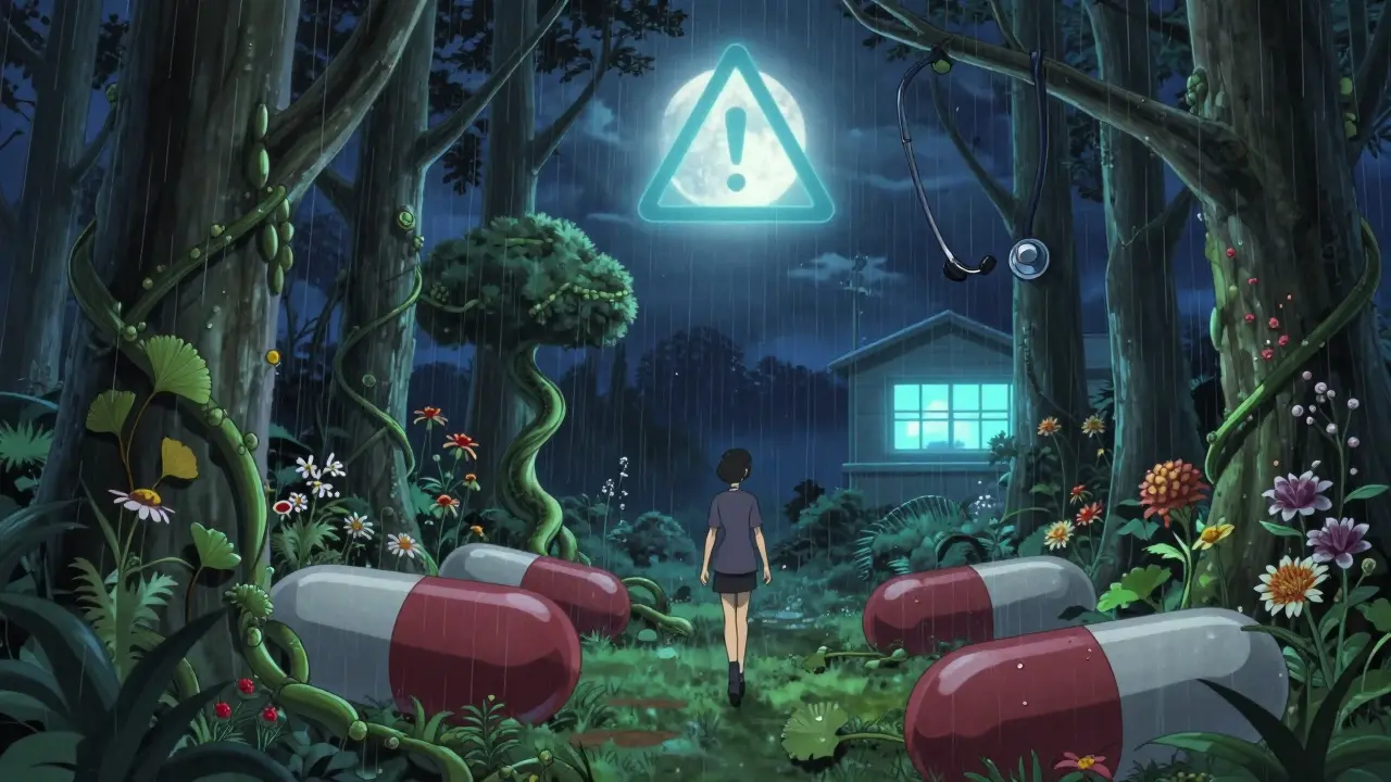 A person walking through a forest of herbal capsules under a warning-shaped moon.