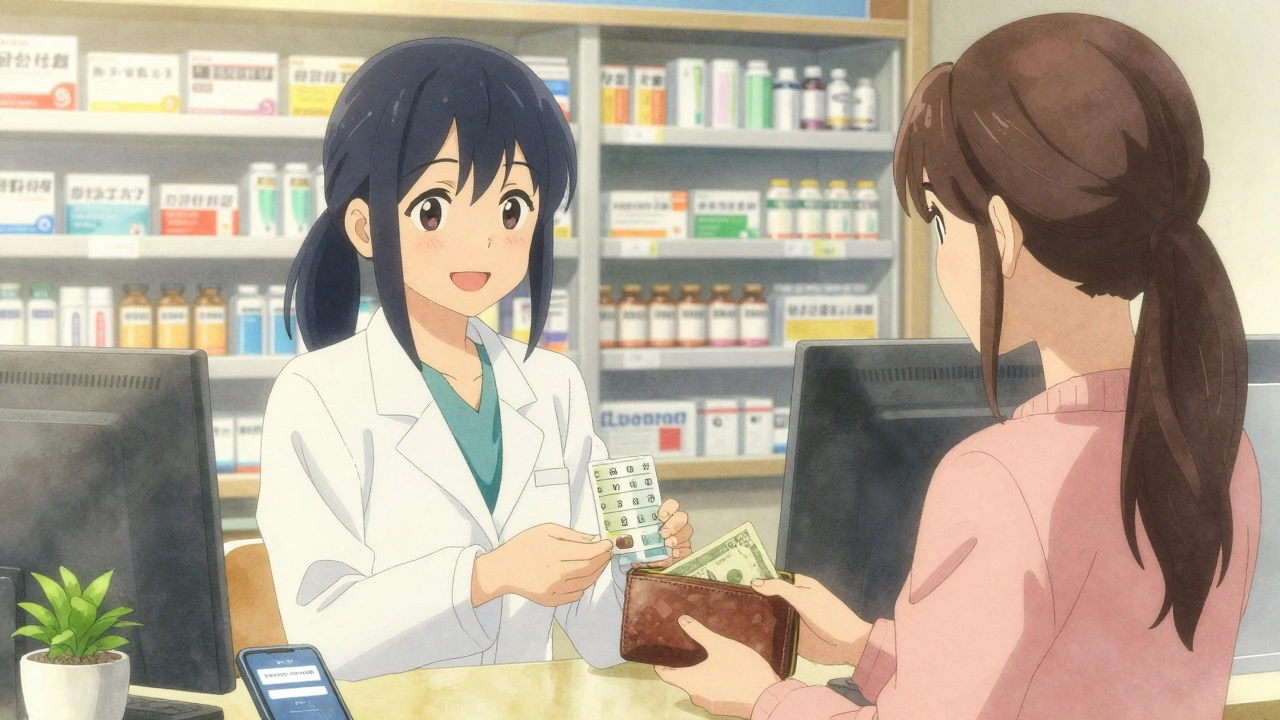 A pharmacist handing a labeled blister pack to a young woman holding a wallet, golden light and a reminder phone on the counter.