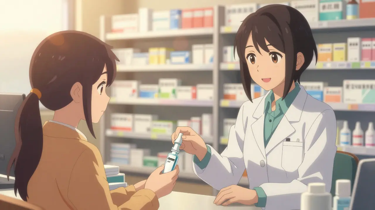 A pharmacist handing a naloxone spray to a patient at a warmly lit pharmacy counter.