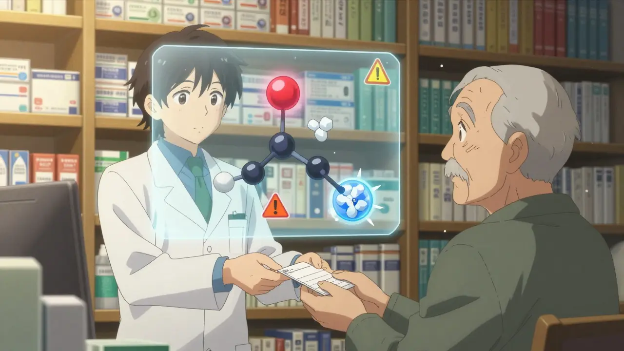 A pharmacist handing medicine to an elderly patient with molecular overlays in a cozy pharmacy.