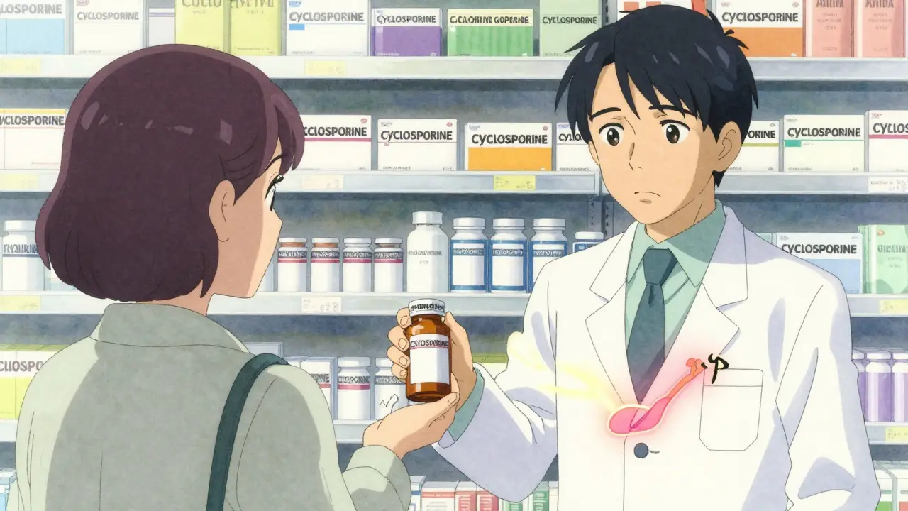 A pharmacist hands a transplant patient a generic medication, with a glowing organ outline above them symbolizing rejection risk.