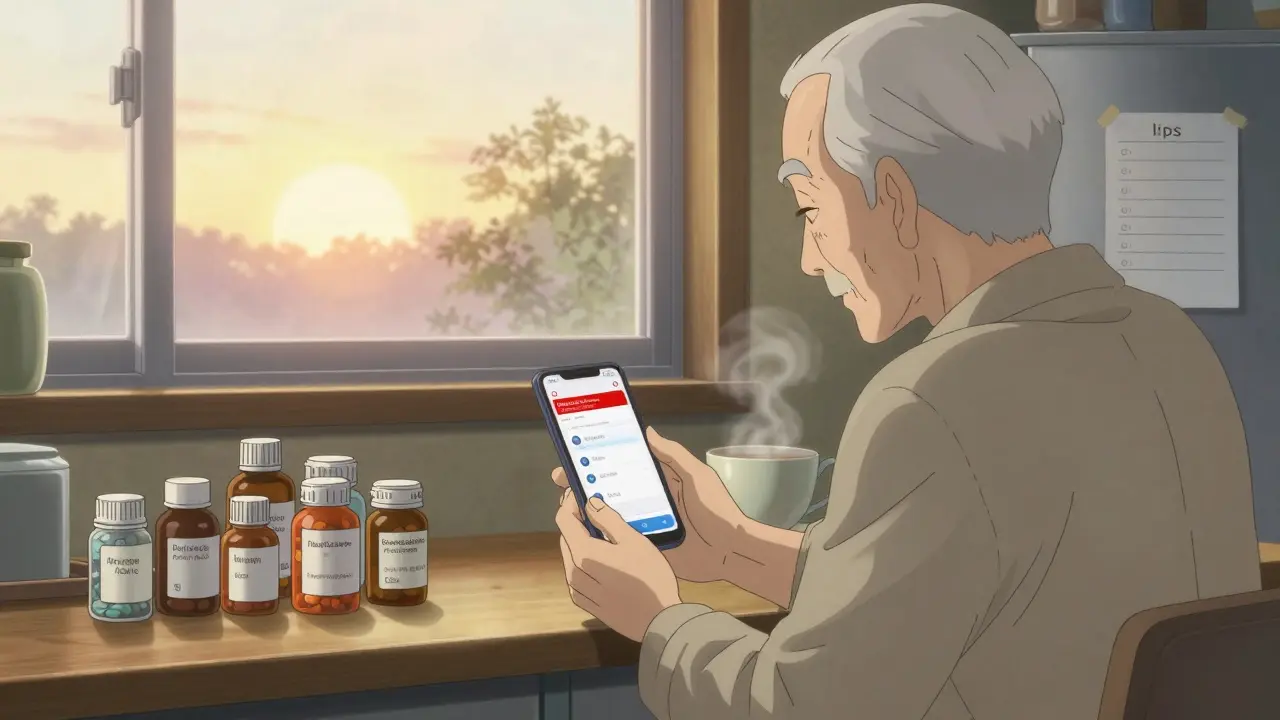 A senior man sees a duplicate medication alert on his phone, with pill bottles arranged on his kitchen counter.