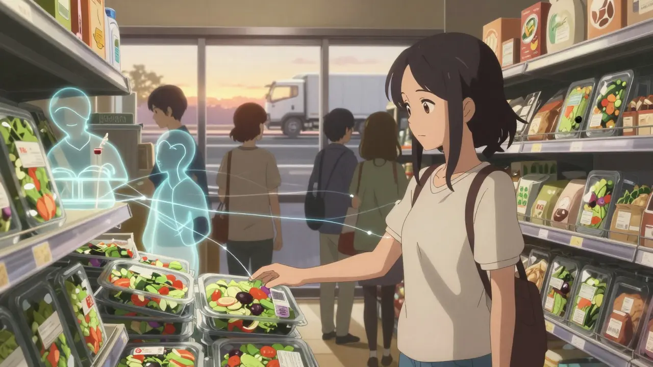 A shopper in a grocery store surrounded by translucent images of a food supply chain.