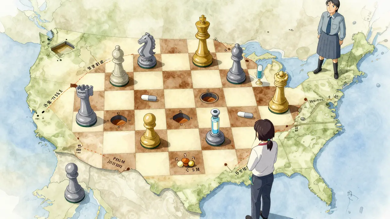A symbolic chessboard represents pharmaceutical companies and rebates in a stylized U.S. market map.