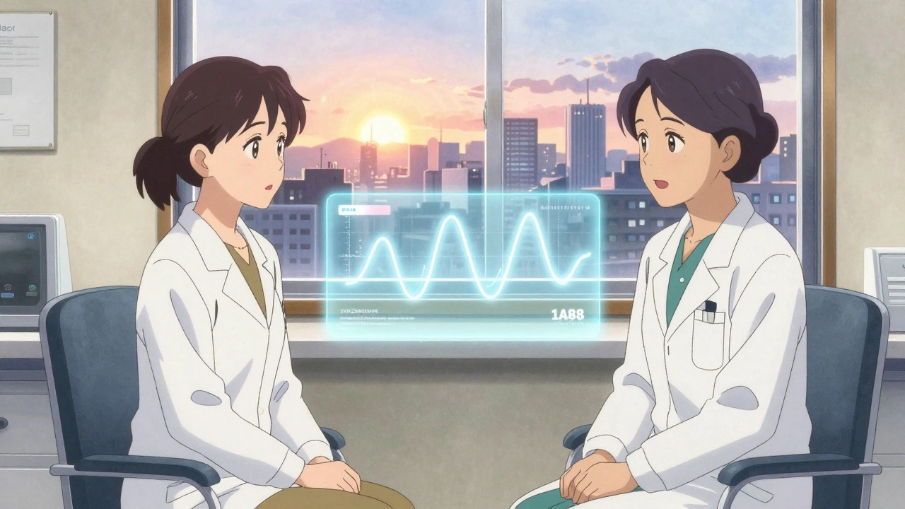 A woman and doctor discuss hormonal changes, with a glowing hormone timeline between them at sunrise.
