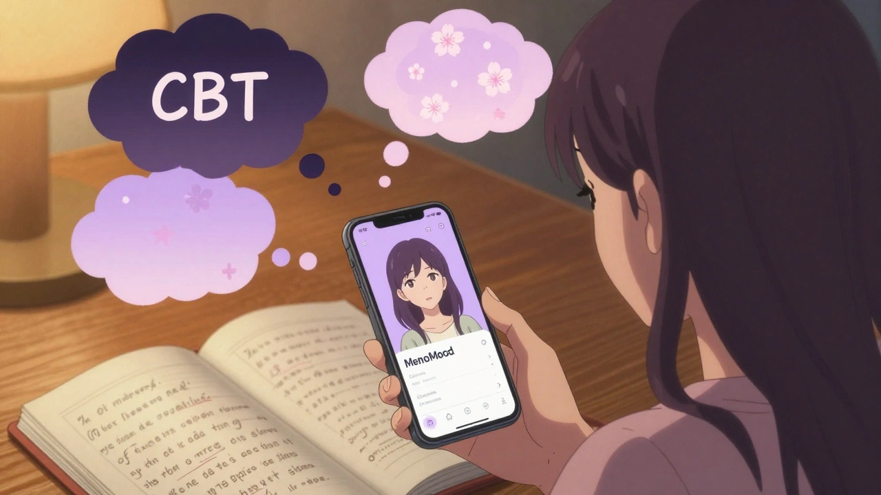 A woman uses a mood-tracking app, thought bubbles turning from dark to blooming flowers, representing emotional healing.