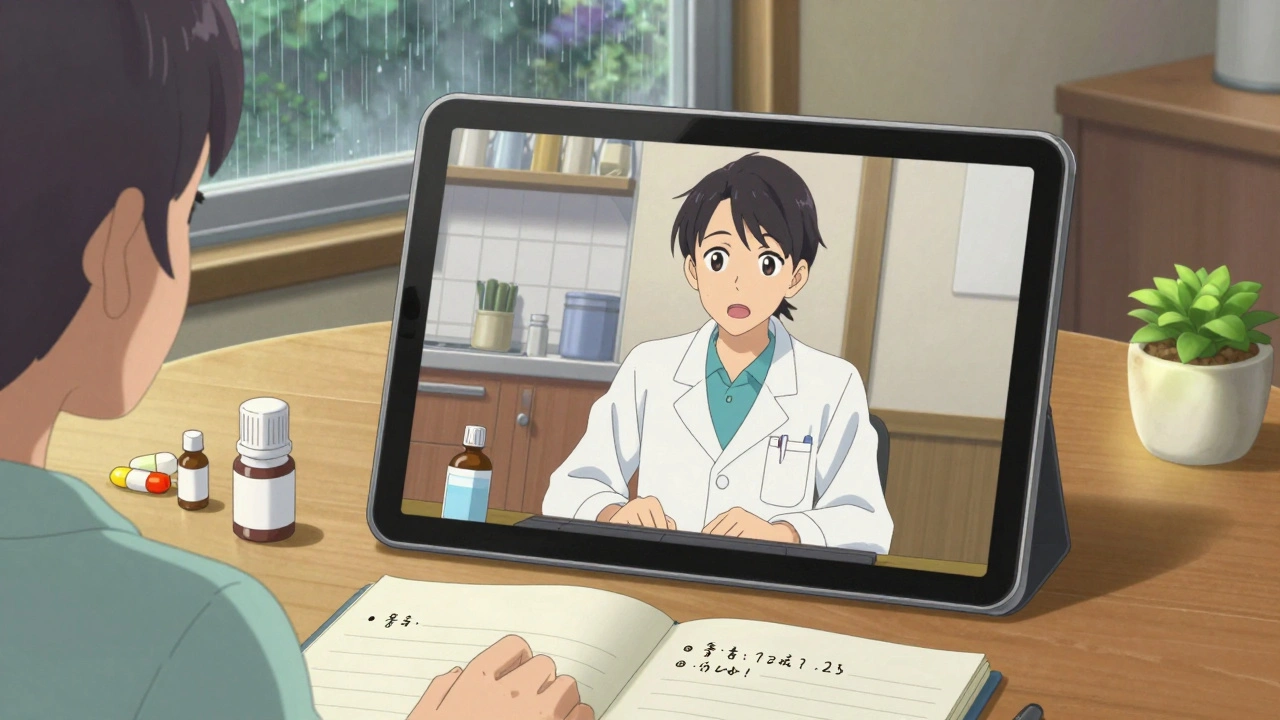 A woman video-calling her pharmacist from home, with medicines arranged on a table and rain falling outside the kitchen window.