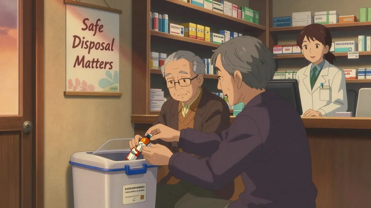 An elderly person dropping medications into a pharmacy take-back bin at dusk.