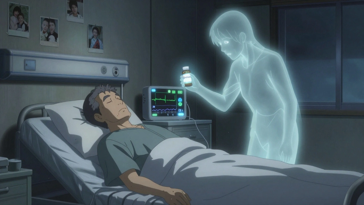 An unconscious elderly man in a hospital bed, with a ghostly version of himself holding a pill bottle as the heart monitor flatlines.