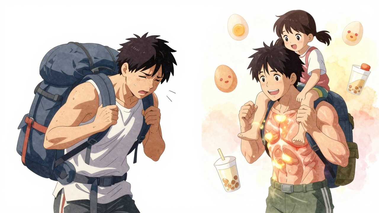 Before and after transformation showing strength and joy in daily life.