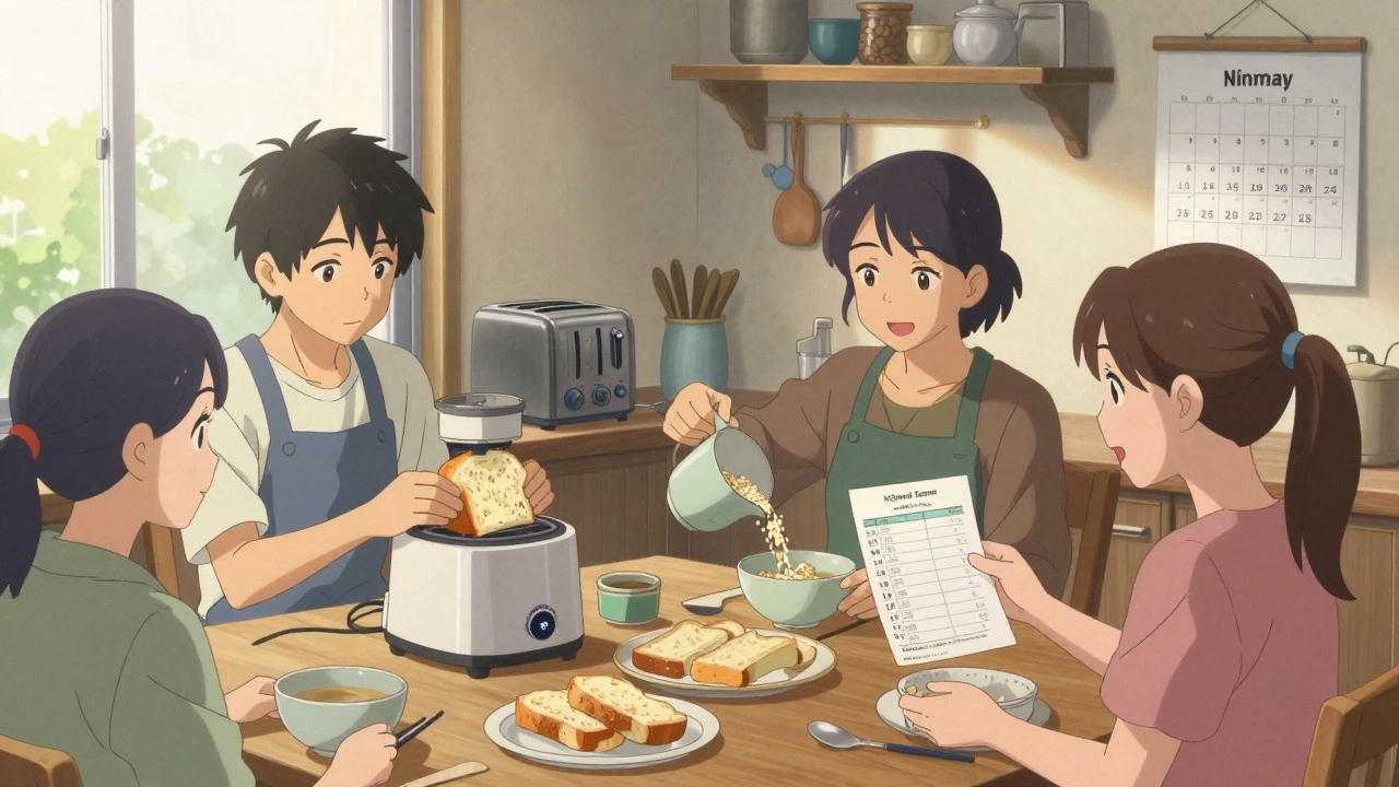 Diverse group sharing a gluten-free meal in a sunlit kitchen, using a Nima Sensor and holding blood test results.