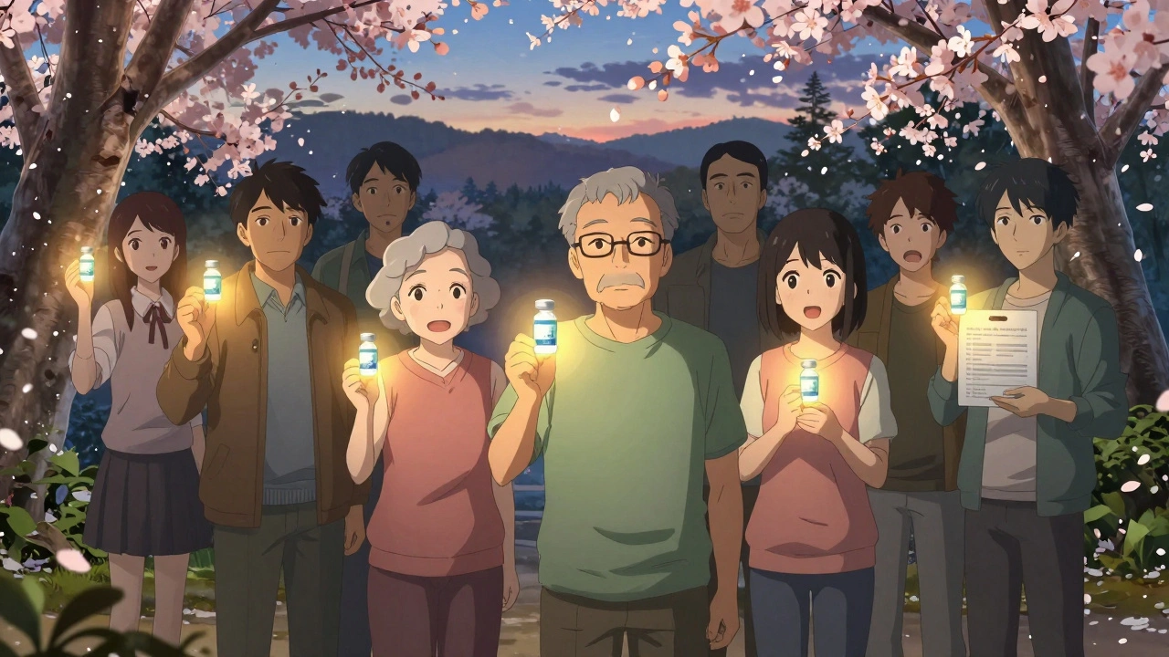 Diverse patients in a park each hold glowing risk icons from an AI tool, symbolizing personalized infection prevention.