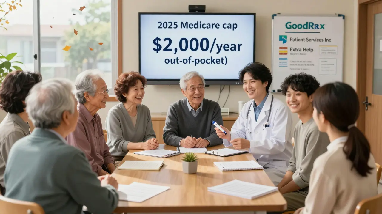 Diverse patients receiving free medication samples in a community center, smiling with hope.