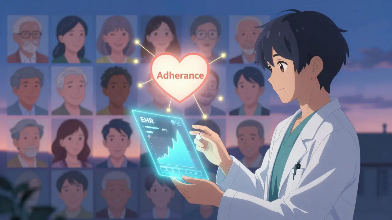 Doctor receiving AI suggestion for generic drug alternative with patient adherence visualization