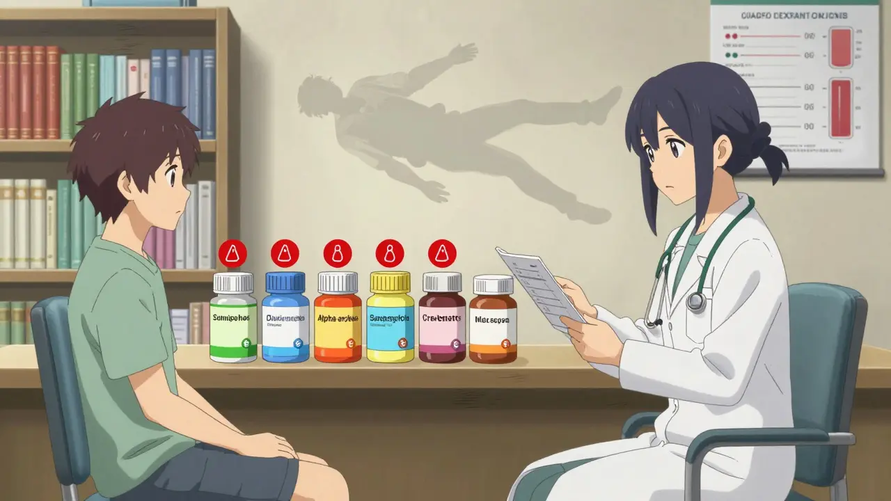 Doctor reviewing medication chart with warning icons above high-risk pills beside a patient.