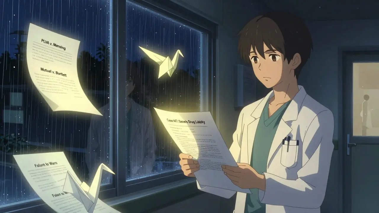 Doctor surrounded by floating legal case documents in hospital corridor at night