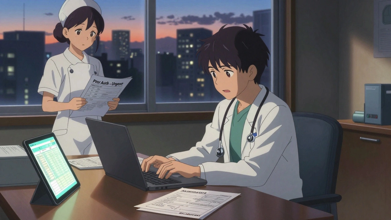 Doctor working late to submit prior authorization request, warm office lighting, medical documents visible.