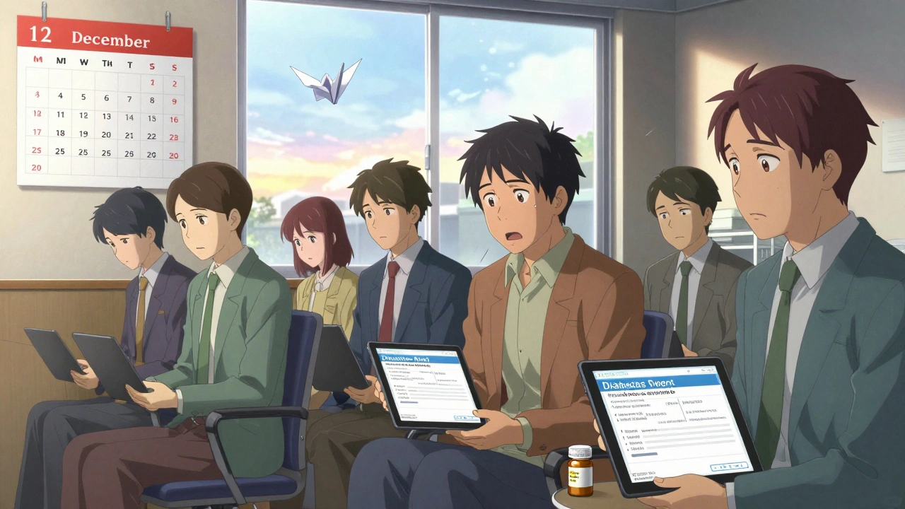 Employees in an office break room reacting to formulary change alerts on their tablets.