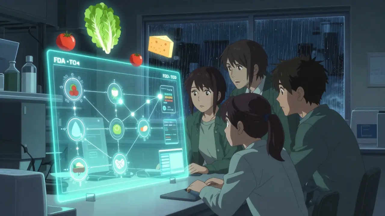 FDA analysts studying a digital supply chain map with glowing TLC connections in a nighttime lab.
