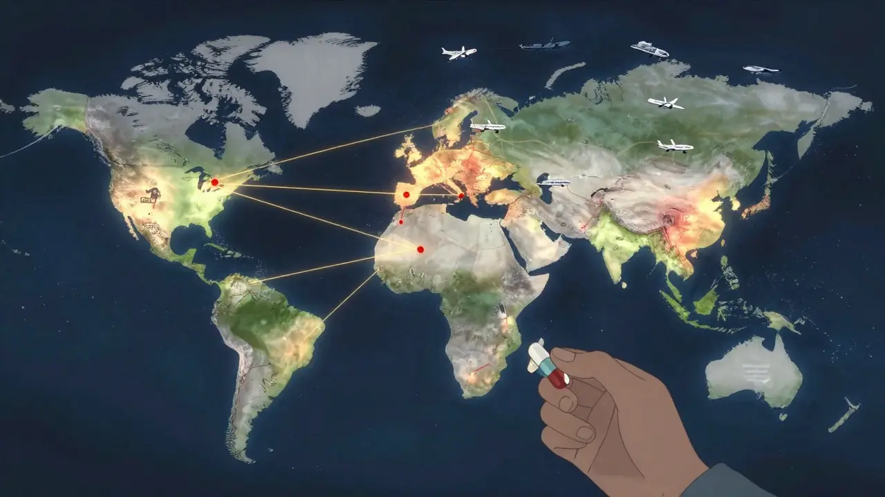 Global map showing inspection routes linking overseas factories to American patients, with inspectors traveling worldwide.