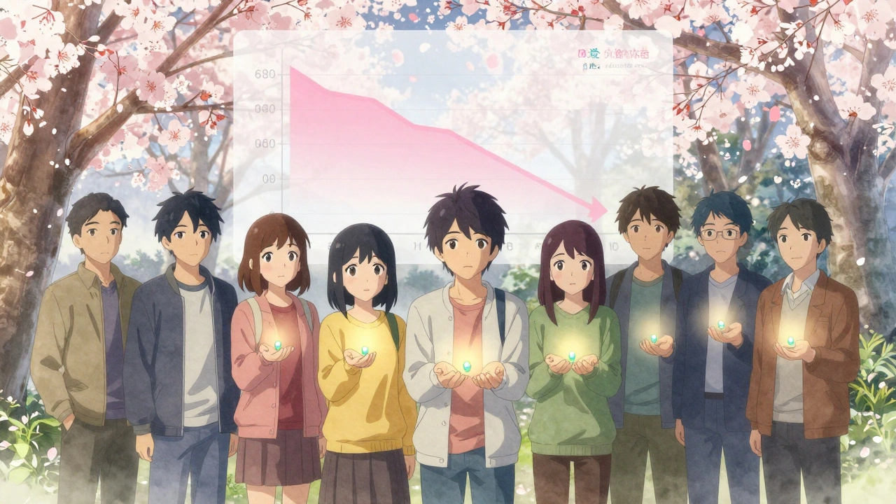 Group of people in park at dawn holding selenium capsules as cherry blossoms fall