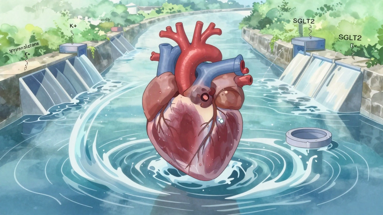 Heart surrounded by fluid and potassium ions, protected by medical treatments in stylized watercolor