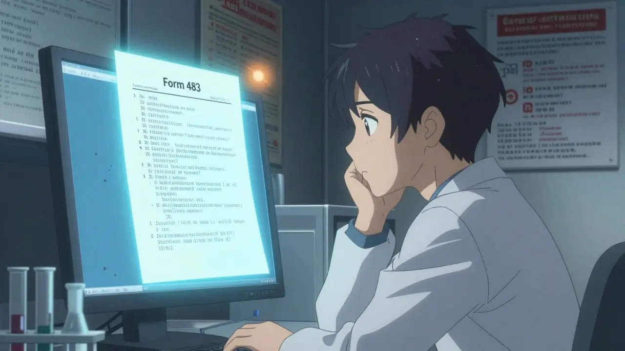 Lab technician facing a moral choice as a warning document glows beside a corrupted computer screen.