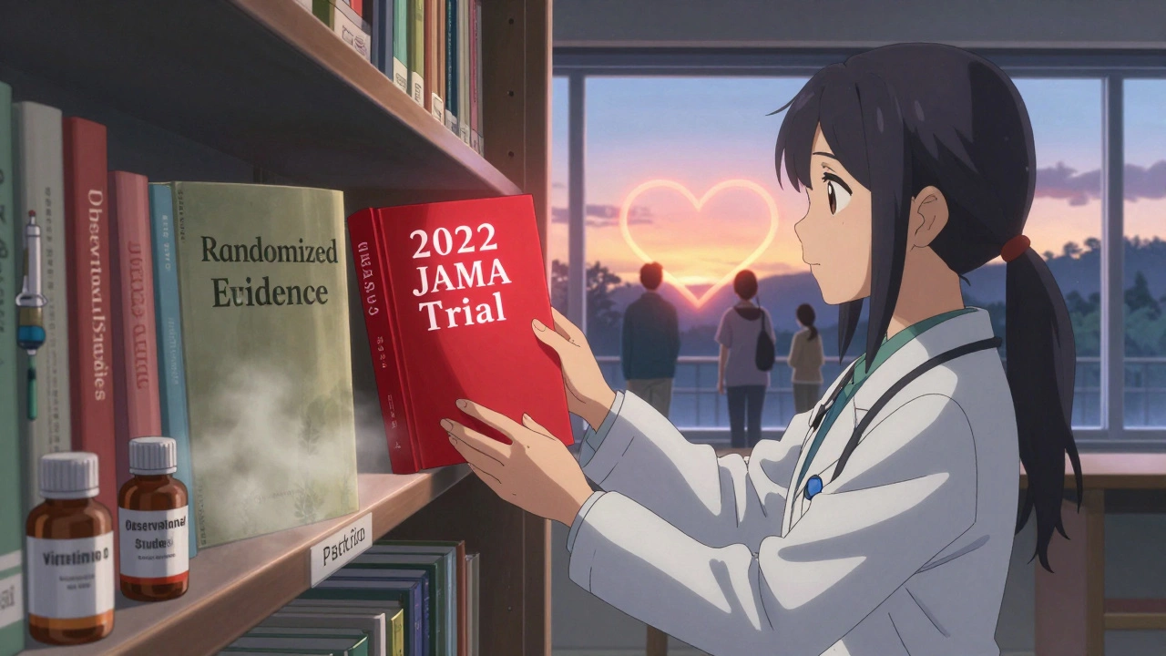 Medical library at dusk with evidence books fading, patients walking toward a heart-shaped horizon.