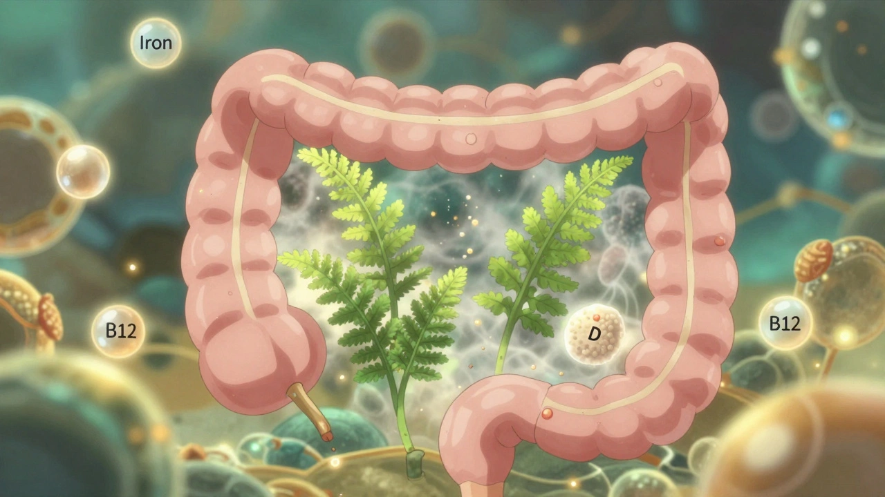 Microscopic view of healing intestinal villi regrowing like ferns, absorbing glowing nutrient orbs in a warm, ethereal landscape.