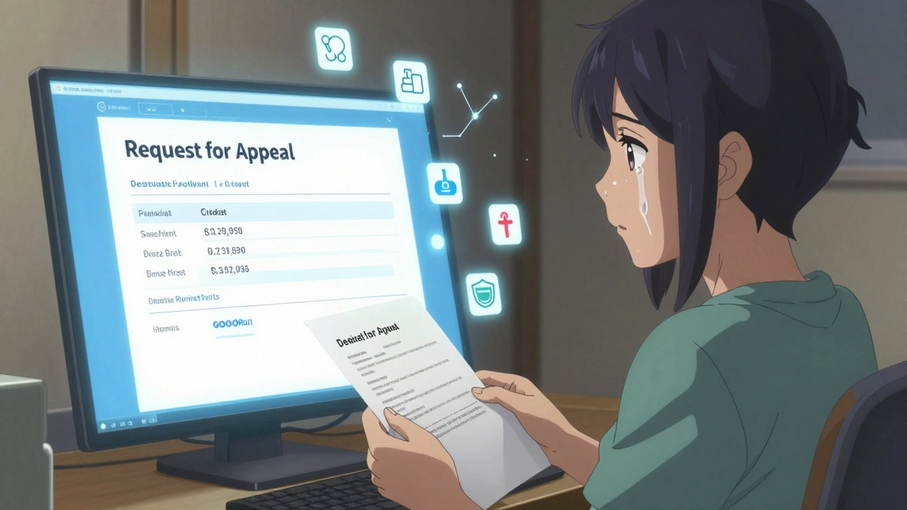 Patient submitting appeal for denied medication, digital icons floating around them in hopeful glow.