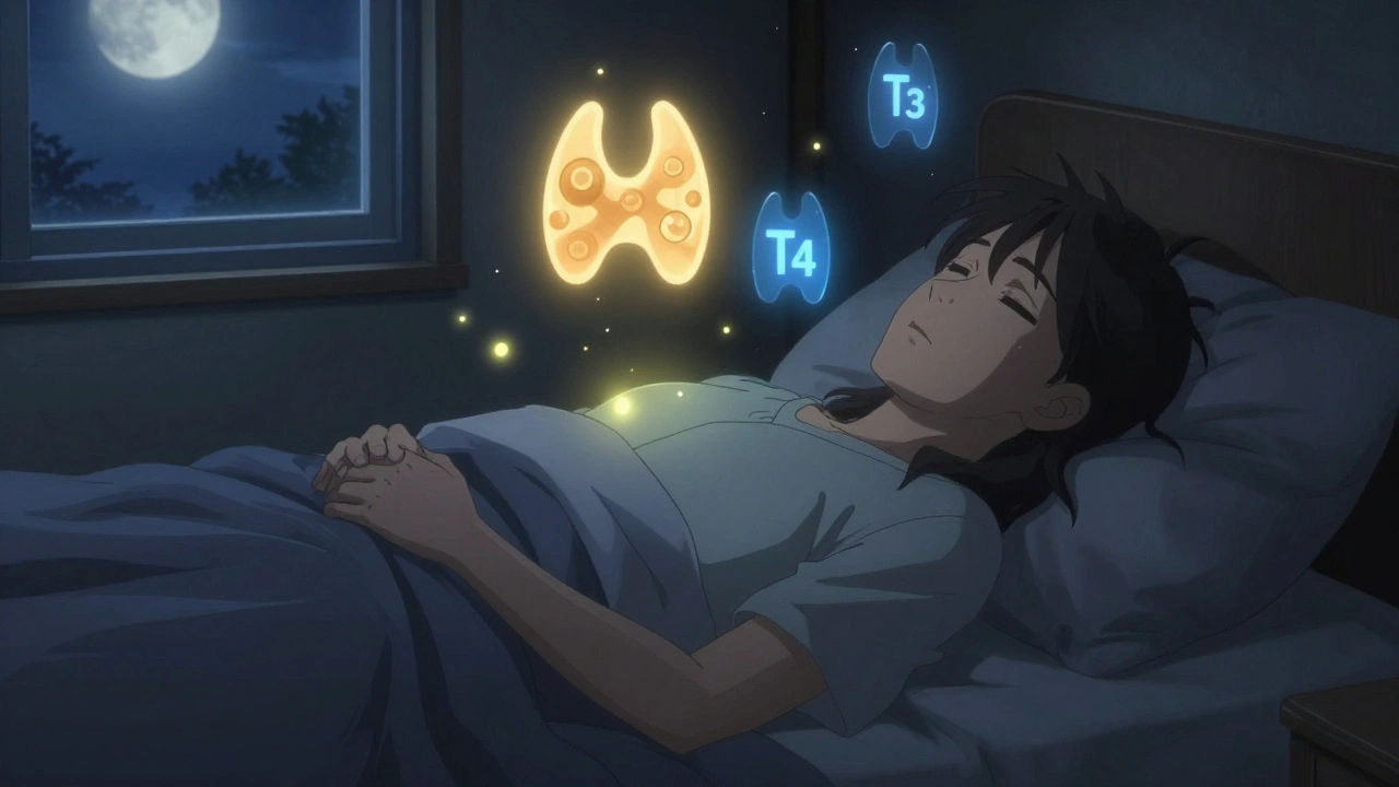 Person at night with floating thyroid hormones and lithium molecules glowing around them