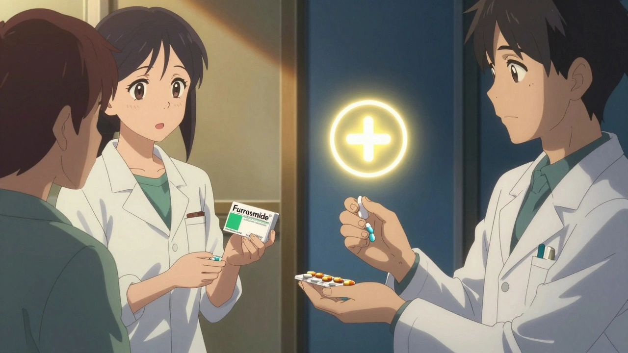 Pharmacist giving medications to two patients, one with diuretics, the other with potassium-sparing drugs