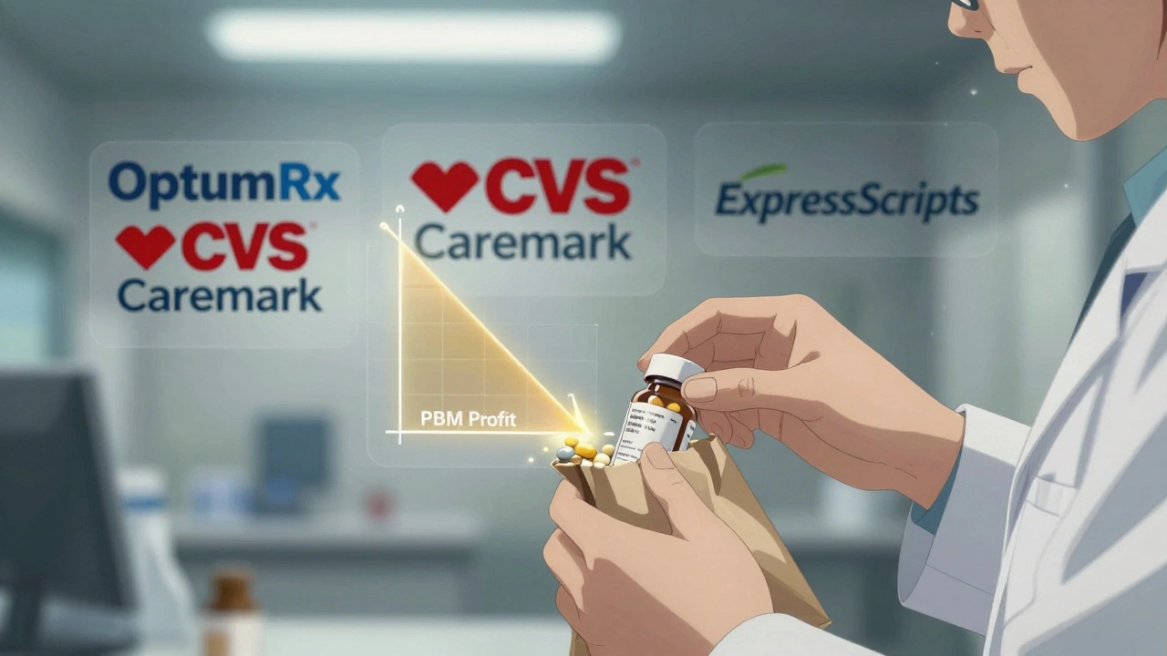 Pharmacist handing a generic pill bottle while corporate PBM logos float subtly in the background.