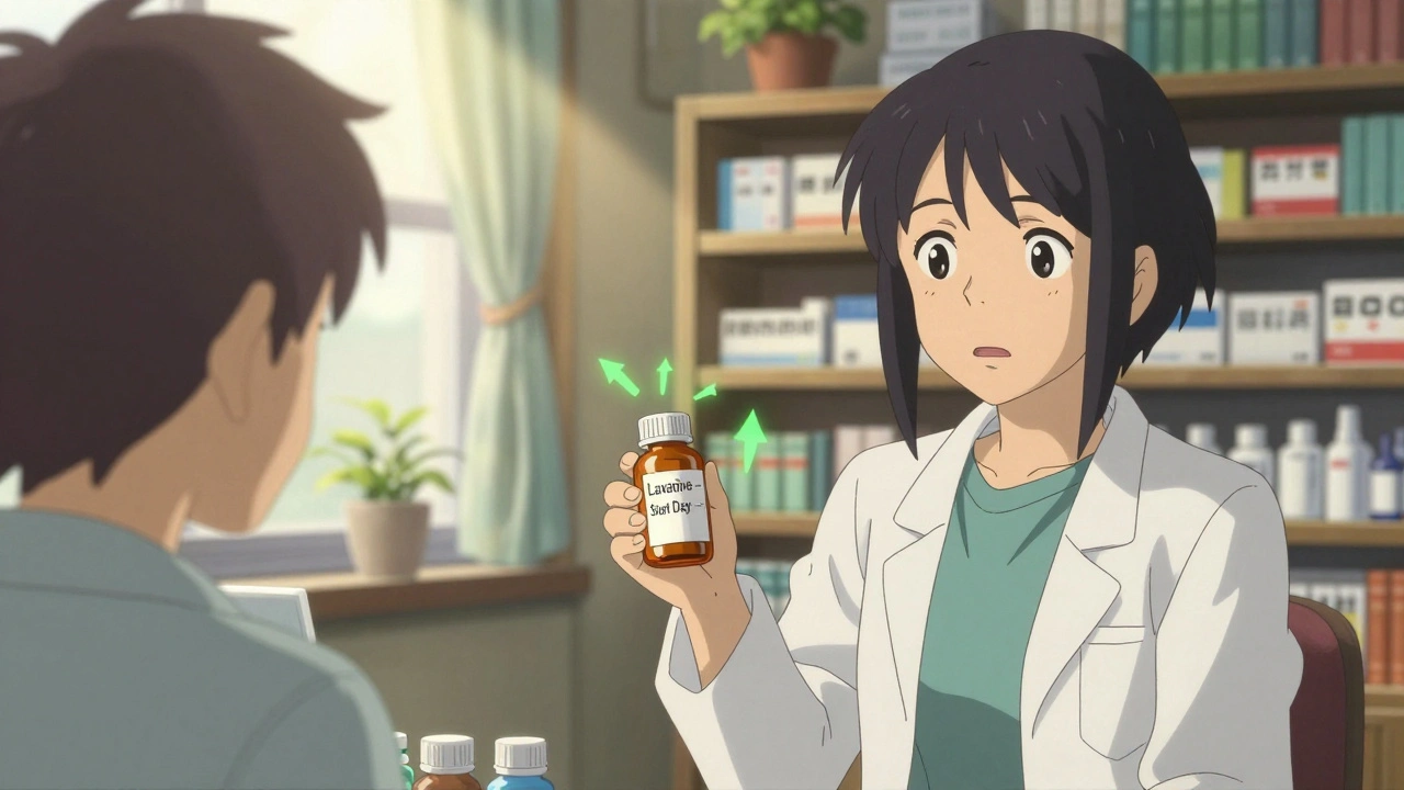 Pharmacist handing a laxative to a patient in a warm, sunlit pharmacy setting.