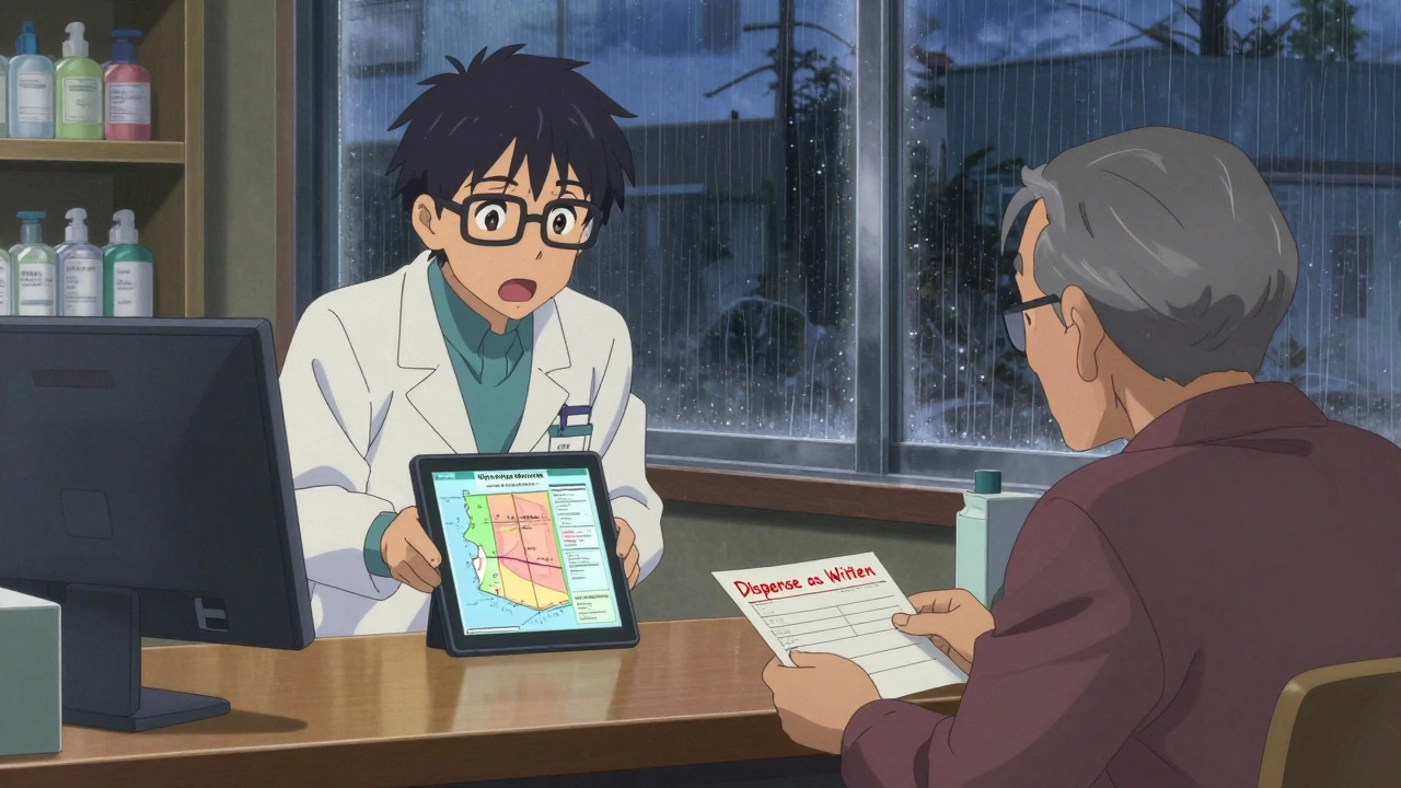 Pharmacist reviewing state laws on a tablet while a patient holds a &#039;Dispense as Written&#039; prescription.