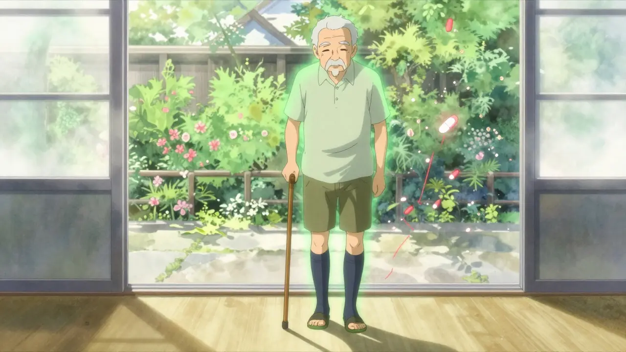 Senior man standing steadily with compression stockings, surrounded by calming light as pills fade away.