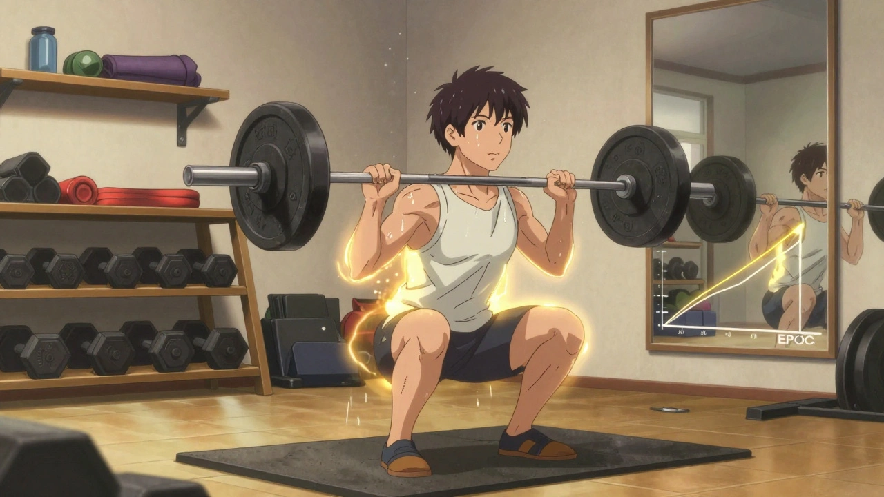 Someone doing a squat with glowing metabolic energy in a quiet home gym.