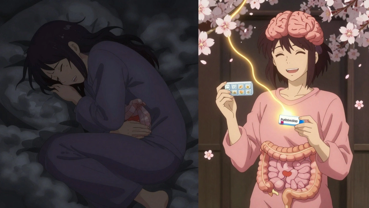 Split image showing transformation from constipation pain to relief with medical treatment.