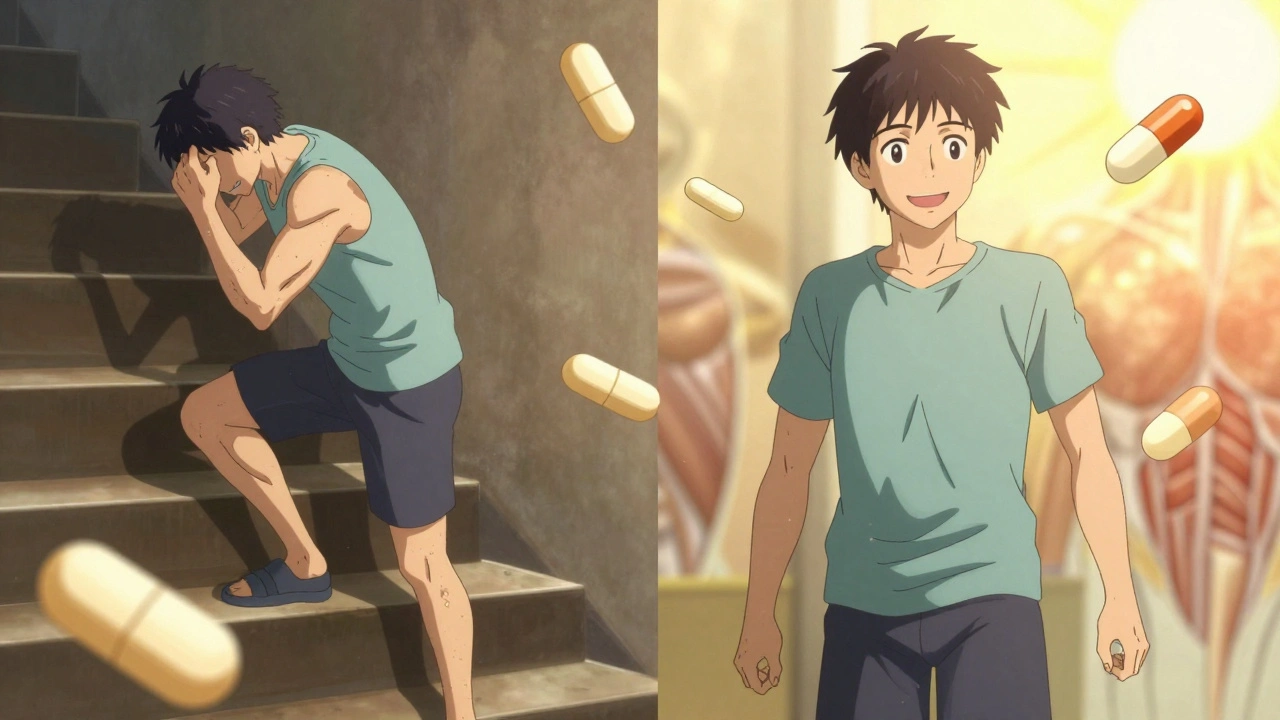 Split scene: person in pain with statins vs. person walking freely with vitamin D and heart-healthy meds.