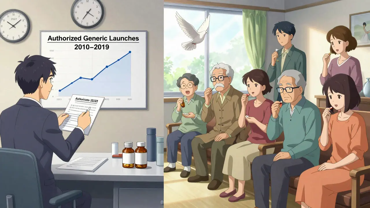 Split scene: pharmaceutical executive reviewing data on one side, patients taking medication peacefully on the other, with a dove flying between them.