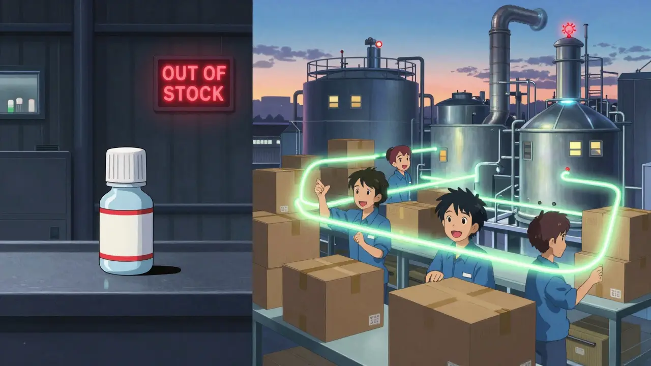 Two contrasting scenes: one factory with a shortage sign versus three thriving generic manufacturers.
