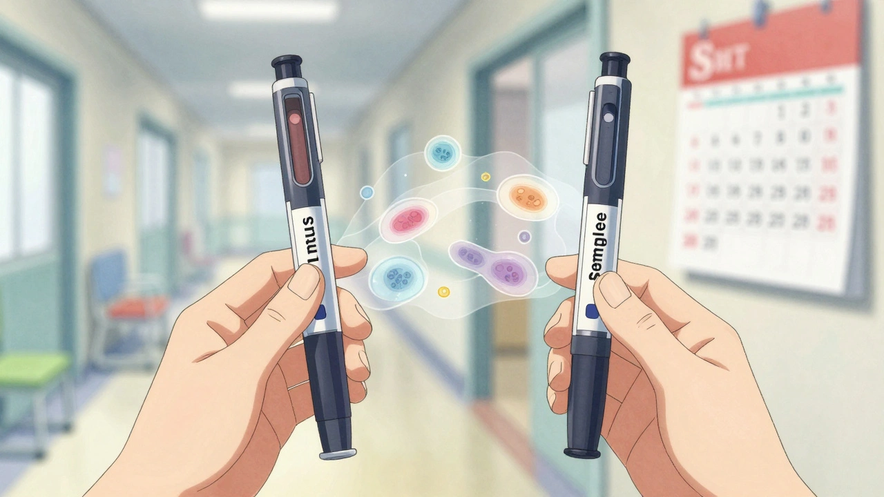Two insulin pens side by side with microscopic biological structures between them.
