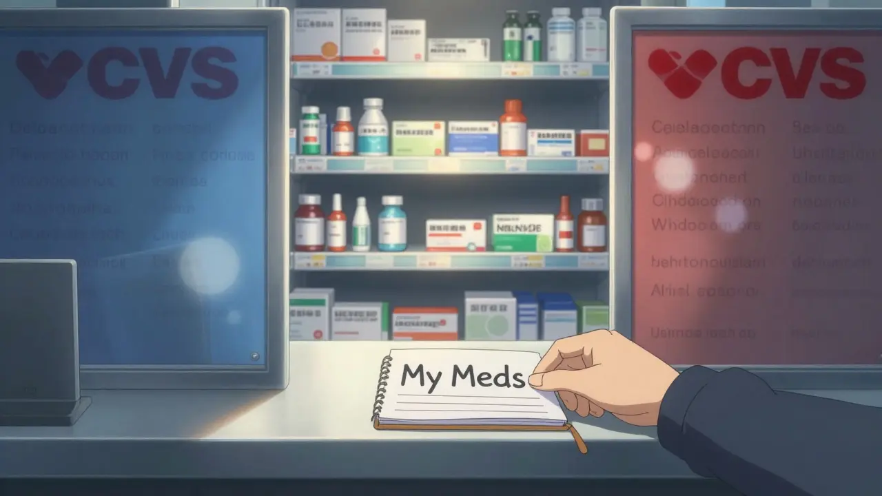 Two pharmacy counters show separated medications, while one central shelf organizes all drugs neatly.