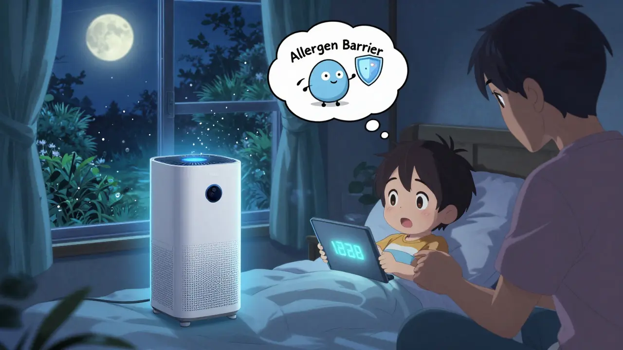 A child's room at night with a glowing HEPA purifier and a symbolic dust mite being banished by an allergen barrier.