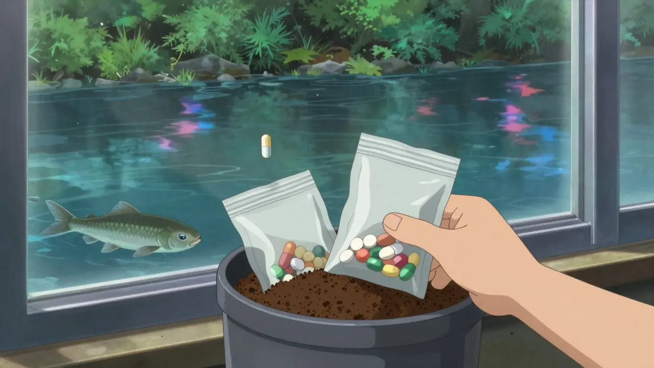A child finds mixed pills in trash with coffee grounds, while clean water flows nearby in the background.