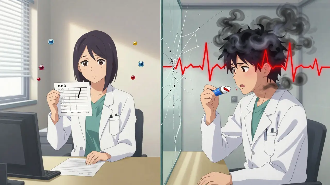 A doctor's office split into two scenes: one showing a thyroid test result, the other a patient taking Adderall with a crashing heart rate graph.