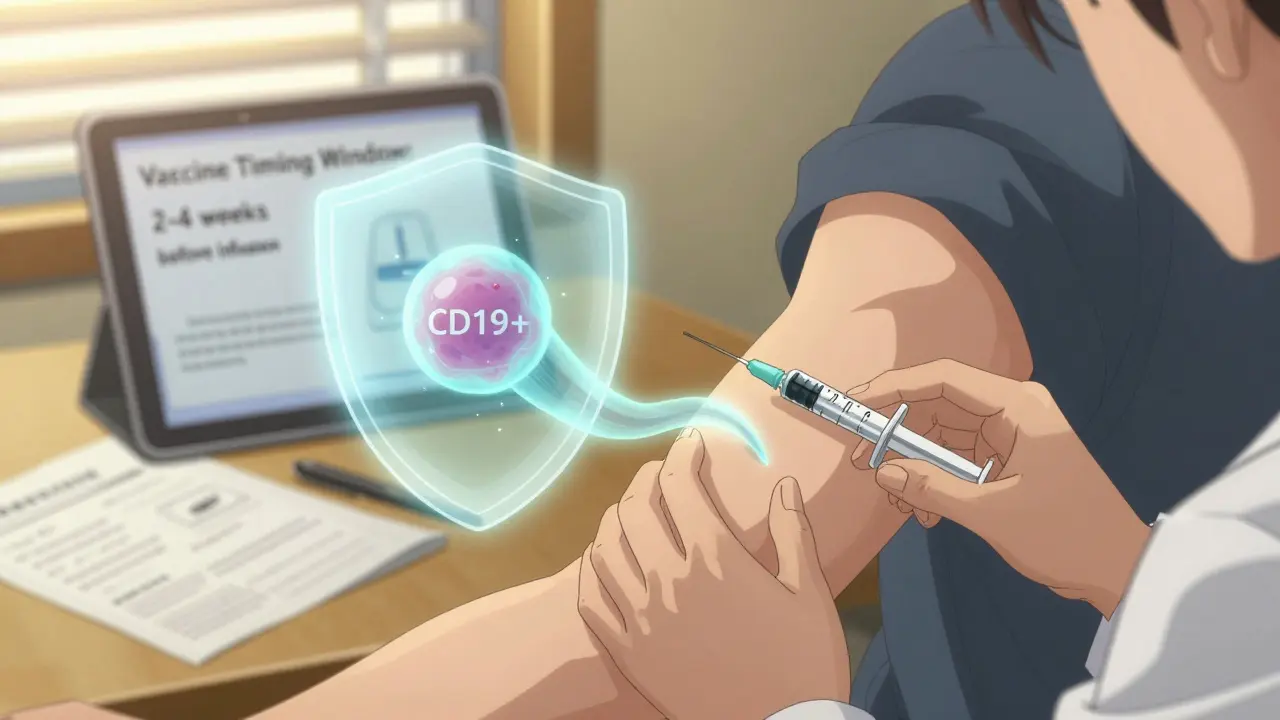 A doctor administering a vaccine as glowing B-cells form a protective shield around the injection site.